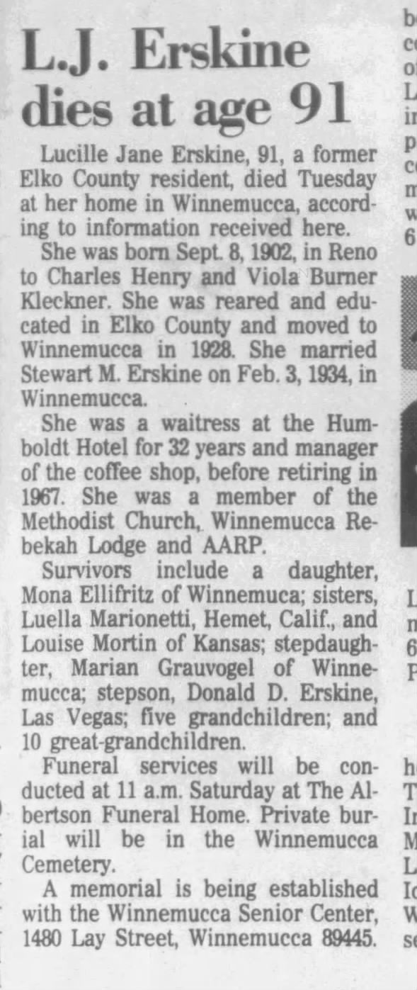 Lucille Jane Erskine obituary